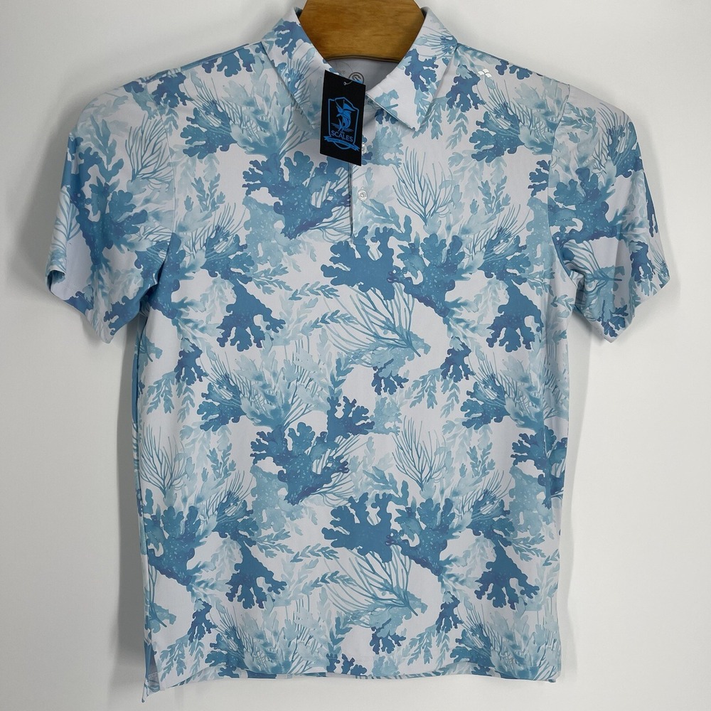 Scales Men's Golf‎ Polo Shirt Aquatic Coral Reef Print Blue White Stretch Medium